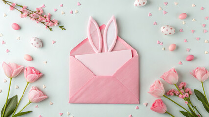 Pink envelope with bunny ears surrounded by spring flowers and Easter decorations