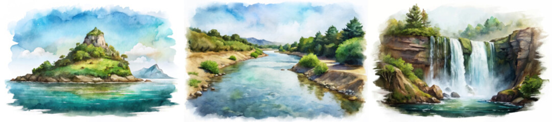Scenic watercolor landscapes, tranquil river views, lush greenery, majestic waterfall, nature's beauty, artistic expression. © Valeriia