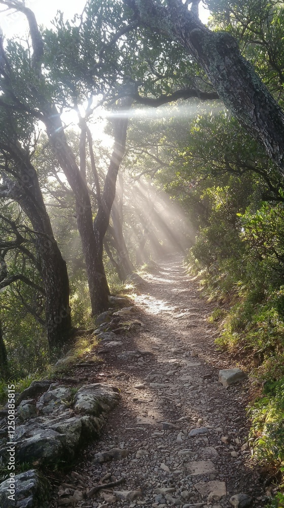 Poster serene forest path with sunlight filtering through trees