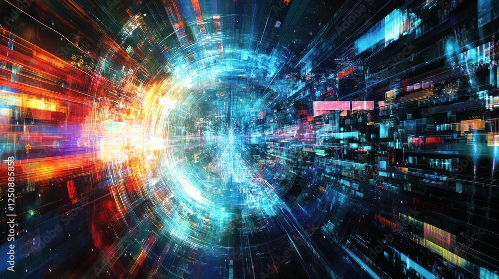 Aufkleber abstract digital tunnel with vibrant, multicolored light streaks and data streams.