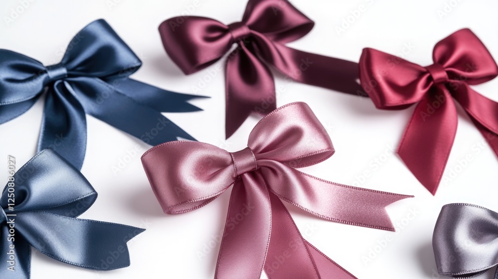 Poster a close-up shot of a collection of colorful bows placed neatly on a table, ideal for decoration or g