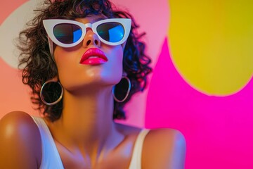 Naklejka premium Young woman with bright lipstick and sunglasses posing confidently, colorful background.