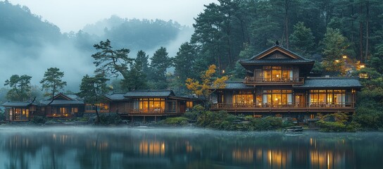 Fototapeta premium Misty lake houses, Asian architecture, tranquil scene, serene background, travel poster
