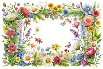 Obraz premium Spring blooms frame a watercolor rectangle, perfect for greeting cards; white background, text overlay.