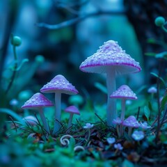 Fototapeta premium Fairy mushrooms in a mystic enchanting environment, cool blues greens and purples, gentle color contrasts, dreamlike ethereal quality, high-quality image