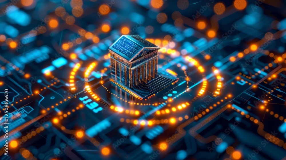 Poster digital representation of a microchip with illuminated circuits in a futuristic design