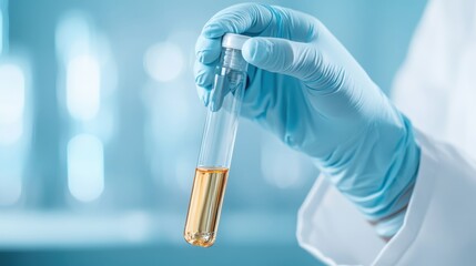 Scientist holding a test tube with colorful liquid in a laboratory setting with equipment