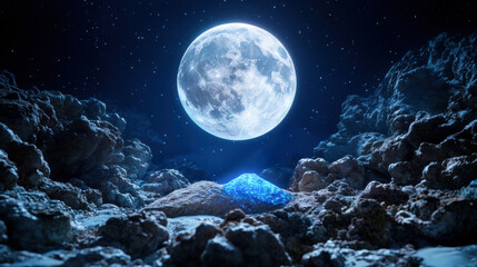 Fototapeta premium A luminous full moon illuminates a rocky landscape, highlighting a sparkling blue mound, creating a serene and mystical nighttime scene.