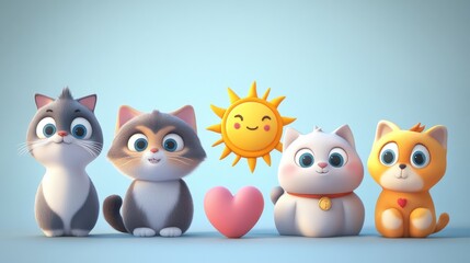 A collection of cute cartoon animals, including a cat, a sun, and a heart