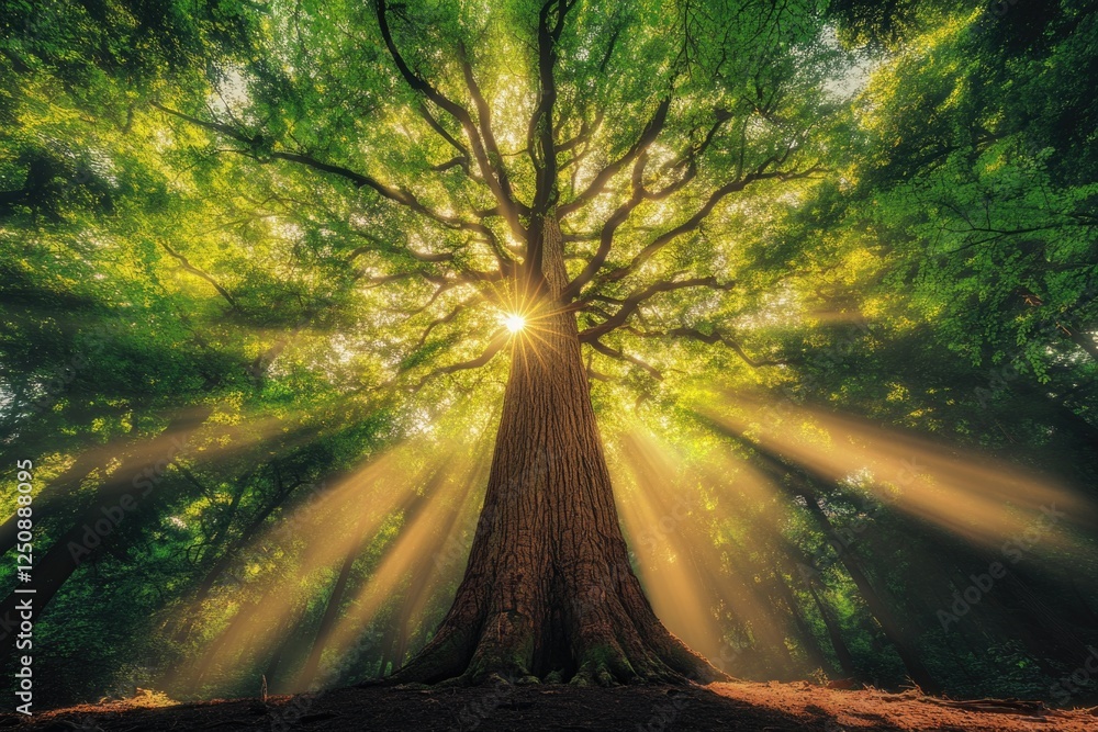 Poster A scene with sunlight shining through the branches of a tree, creating a warm and cozy atmosphere