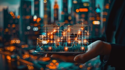 Displaying futuristic market analysis in an urban setting at dusk with digital elements