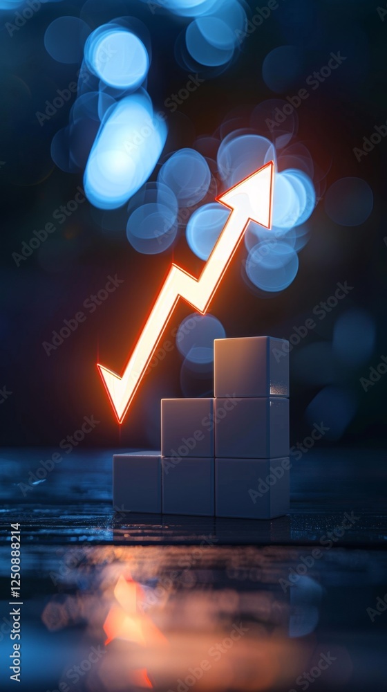 Poster trends show upward growth with illuminated arrows and blocks against a blue bokeh background
