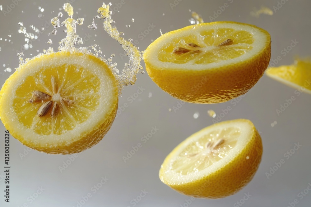 Poster A group of lemons falling from above into the water, creating ripples and splashes