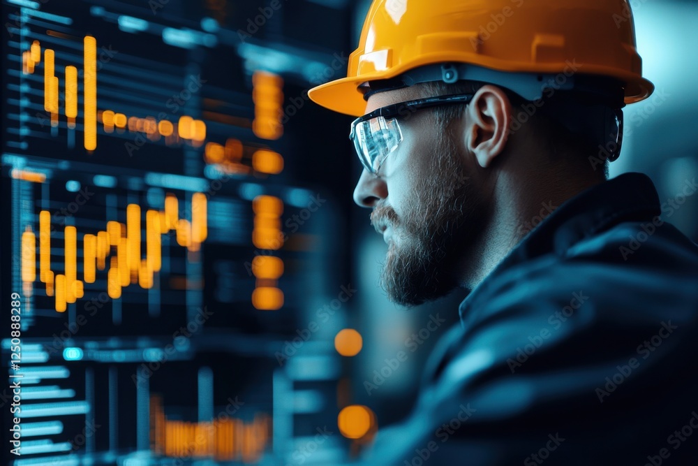 Poster industrial workspace with financial data analytics and investment focus a technician wearing a hardh
