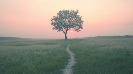 Obraz premium Lonely Tree on a Pathway at Sunset in a Serene Landscape