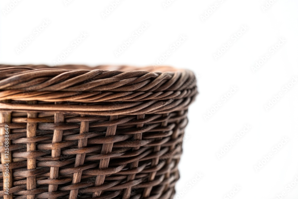 Poster A close-up shot of a wicker basket placed on a table, perfect for decorating and styling