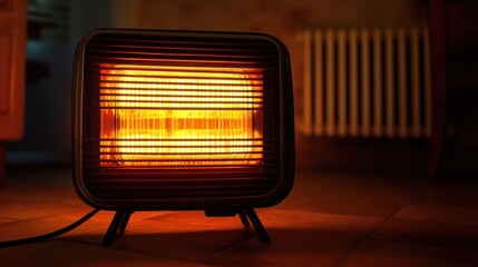 Glowing electric heater in dark room.