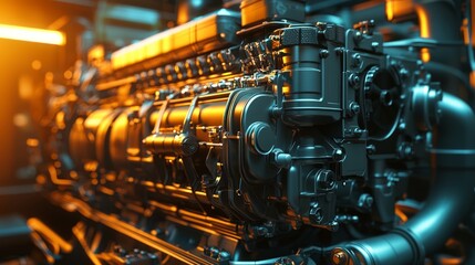 Obraz premium Industrial Engine Close-Up with Dynamic Lighting in Modern Setting