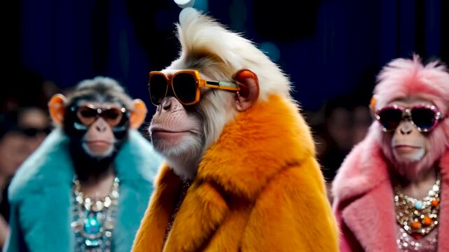Cartoon picture. Fashion show. Monkeys in colored clothes at a fashion show