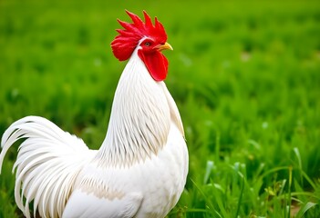 Generative AI portrayal of a majestic white rooster standing proud in a grassy field