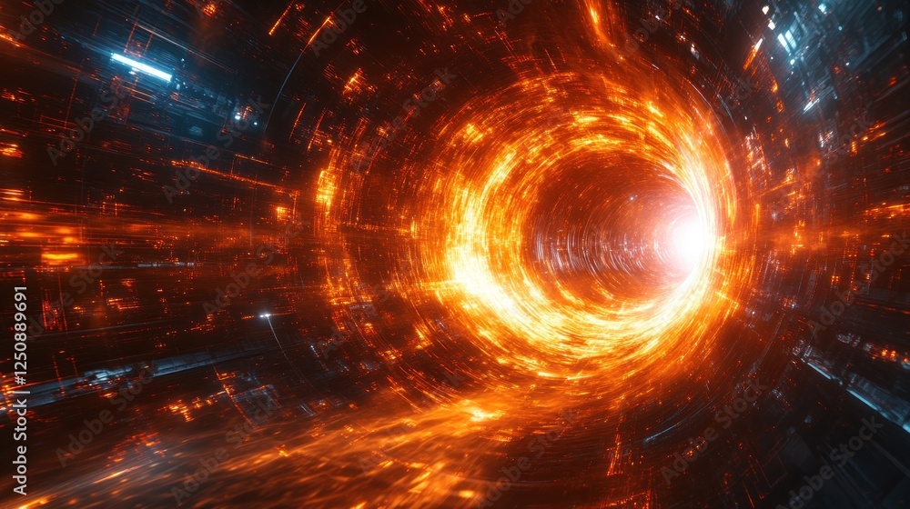 Poster abstract fiery vortex tunnel with glowing energy and digital elements.