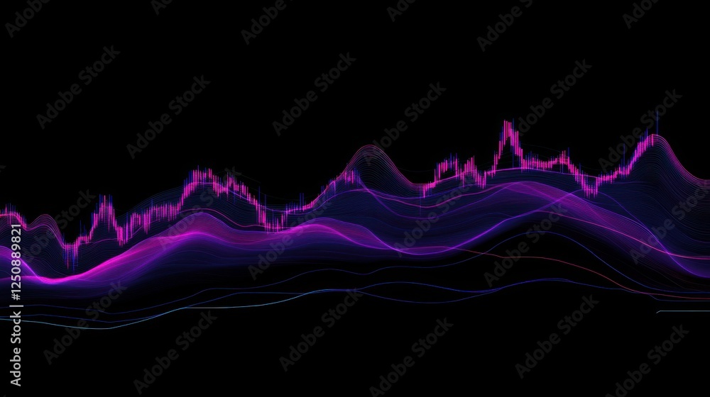 Aufkleber Abstract financial chart with glowing lines and candlestick patterns on a black background.