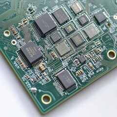 Green circuit board with microchips: intricate electronic components and technology details