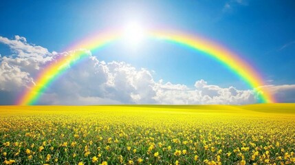Vibrant Rainbow Over Bright Yellow Flower Field and Blue Sky