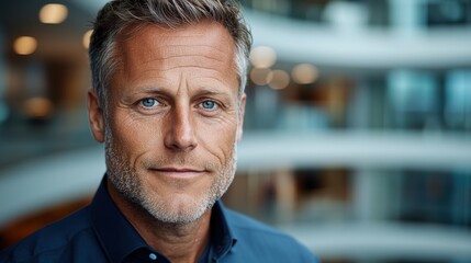 Portrait of a Confident and Friendly Mature Business Executive Posing in a Corporate Office Environment  The Man has Gray Hair and is Wearing a Suit Smiling Warmly at the