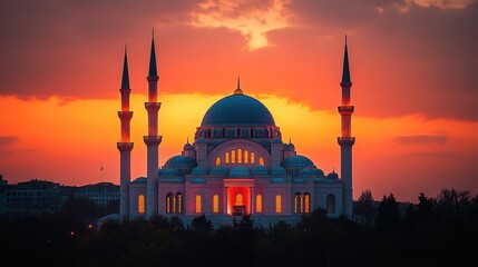 Naklejka premium Sunset Mosque, Cityscape, Dramatic Sky, Travel