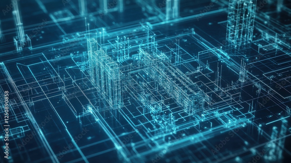 Aufkleber blueprint of a smart grid substation, showing the patterned assembly of transformers and infrastruct