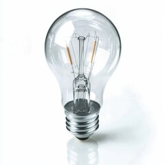 Transparent light bulb with filament in minimalist design on white background