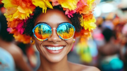 Street carnival magic An AfroBrazilian woman radiates happiness while dressed for the lively carnival celebration