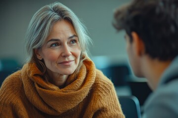 A middle-aged woman with blonde hair listens attentively to a younger person, showing empathy and engagement in a conversation.