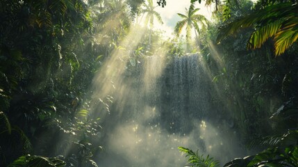 Serene Waterfall Cascading Through Lush Tropical Rainforest