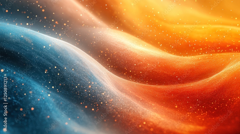 Aufkleber Abstract flowing fabric texture with blue and orange gradient and sparkling particles.