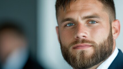 Fototapeta premium Portrait of a Confident Young Professional Businessman in a Formal Dark Suit and Beard Looking Thoughtful and Focused with a Serious Expression in a Studio Setting