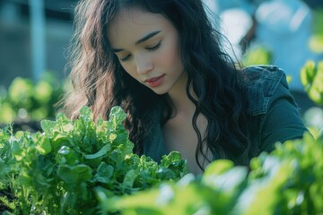 A person inspecting a pile of leafy greens