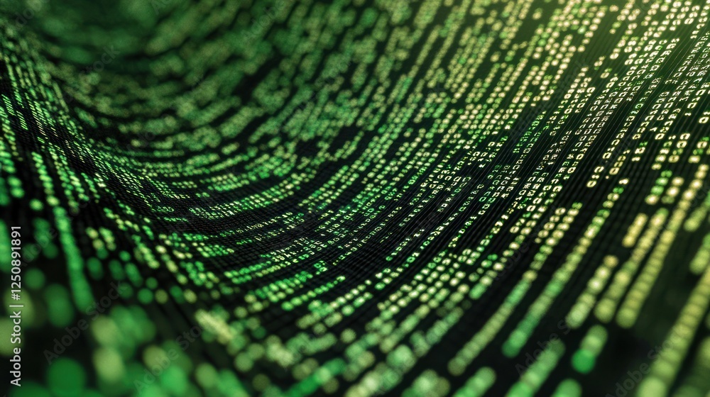 Poster Abstract flowing green code lines, digital data stream, software development concept.