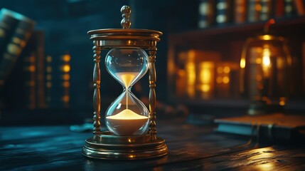 Elegant Hourglass on Antique Table Surrounded by Dimly Lit Bookshelves in Cozy Library Atmosphere