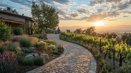 Obraz premium Serene Sunset Over Vineyard Pathway in Tranquil Countryside