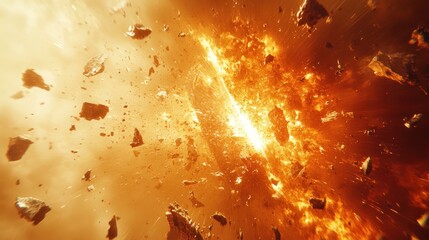 Asteroid collision, space debris, fiery explosion, cosmic dust, background galaxy