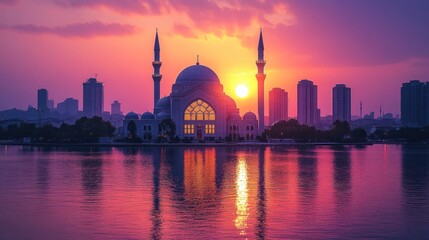 Sunset Mosque Cityscape Reflection Serenity