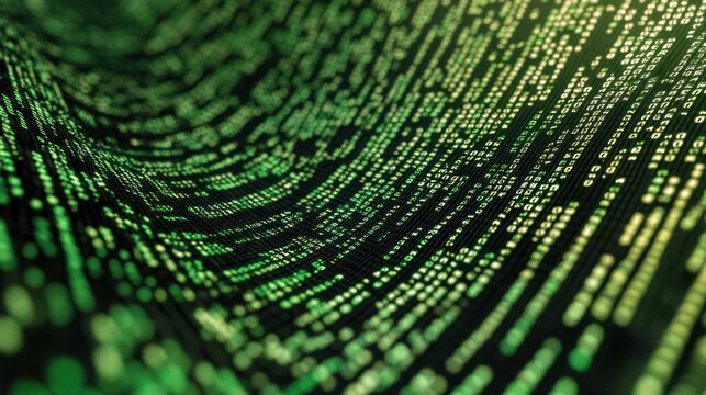 Abstract flowing green code lines, digital data stream, software development concept.