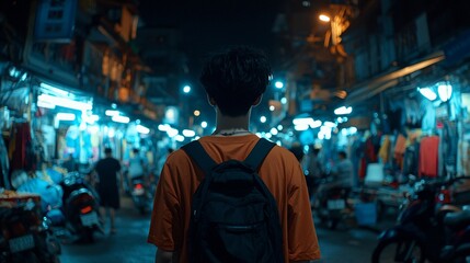 Naklejka premium Person walking night market street looking ahead