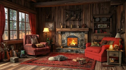 Cozy Rustic Living Room with Fireplace and Mountain View