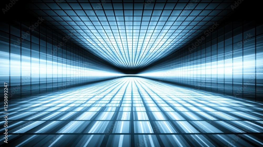 Poster abstract digital tunnel with blue grids and light effects for futuristic backgrounds and designs