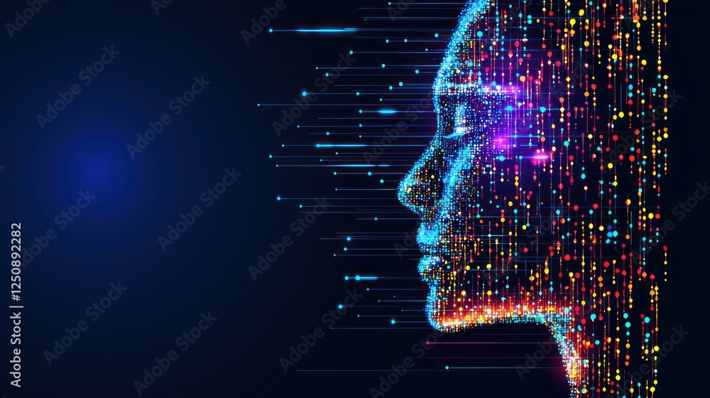 Poster futuristic abstract profile of a woman generated with colorful particles and light trails against da