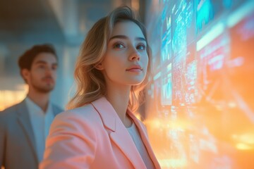 Young woman in pink blazer gazes at a futuristic digital display, a man blurred in the background.
