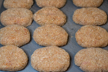 Homemade cutlets before cooking, preparation for freezing, homemade food preparations